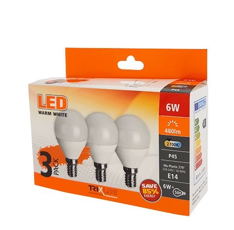 3-balenie, LED žiarovka E14 6W 480lm 2700K