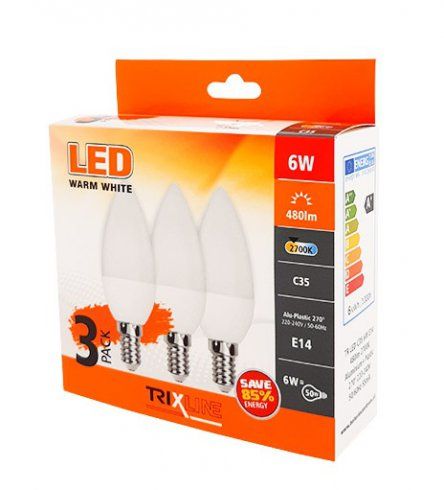 3-balenie, LED žiarovka E14 C35 6W 480lm 2700K